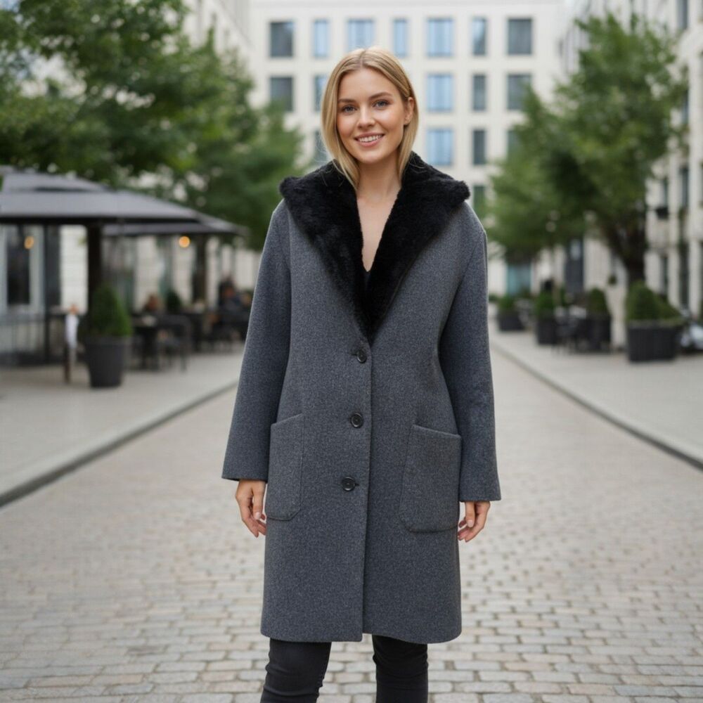 Zadig & Voltaire Coat Wool Gray Detachable Rabbit Fur Collar Size S